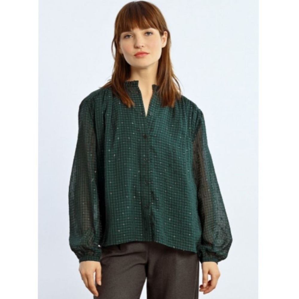 Lili Sidonio Dark Green Checkered Sheer Voile Shirt